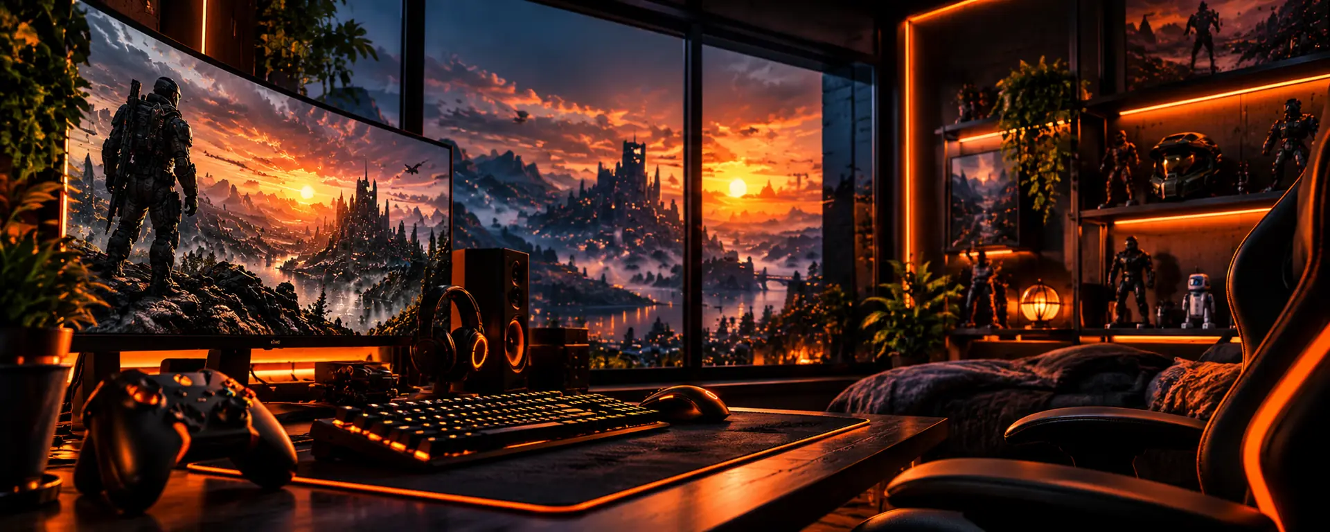 A dark gaming desk with orange-lit keyboard, monitor and shelves, facing a window with a sunset castle view