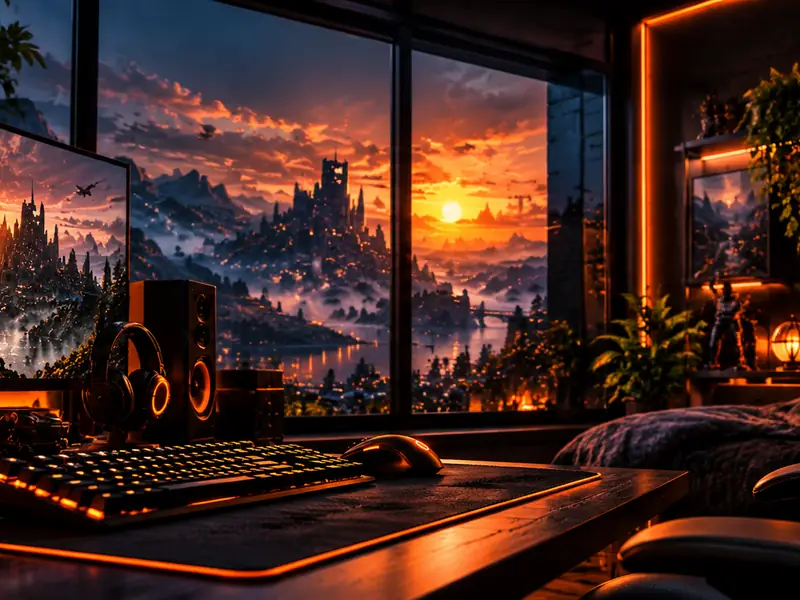 A dark gaming desk with orange-lit keyboard, monitor and shelves, facing a window with a sunset castle view