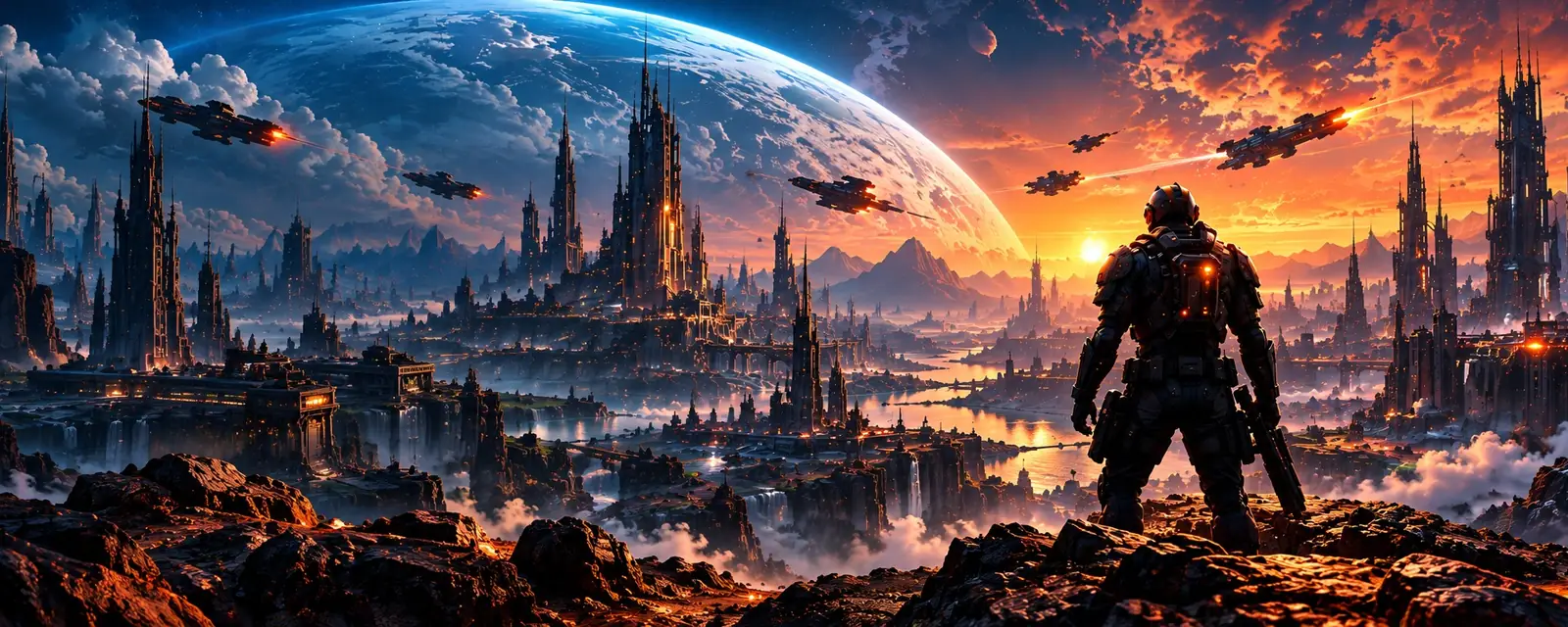 An armoured explorer overlooking a sci-fi city under a giant planet