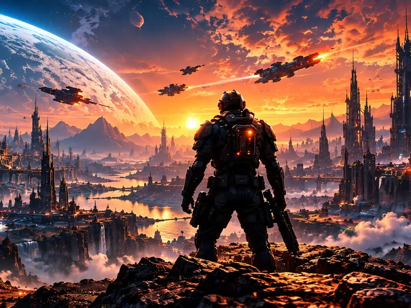 An armoured explorer overlooking a sci-fi city under a giant planet