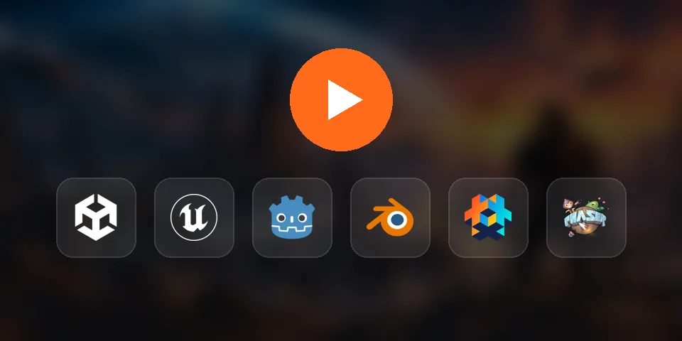 Logos of Unity, Unreal Engine, Godot, Blender, Defold and Phaser under a play button
